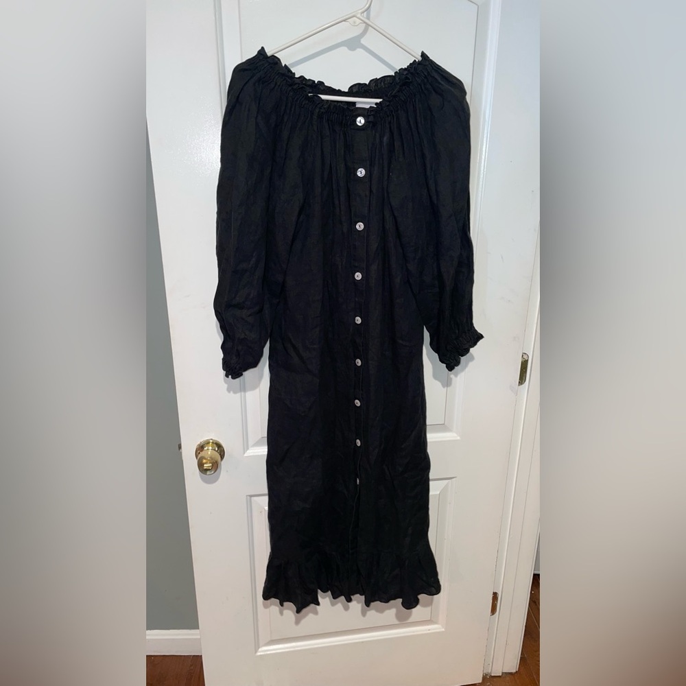 New! Sleeper Caviar Ruffled Off-Shoulder Black Button Front Midi Dress 🖤 OS - Picture 11 of 16